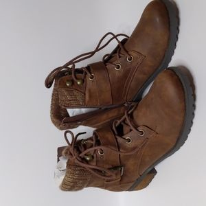 Skechers Dome Brown Combat Boots Size 8.5 Sweater Cuff Faux Leather, NWT